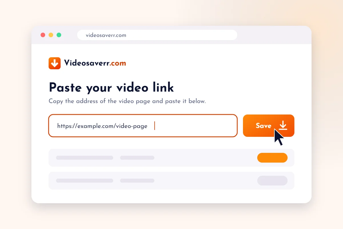 Videosaverr.com interface: pasting a Facebook reel link into the link field next to the Save button